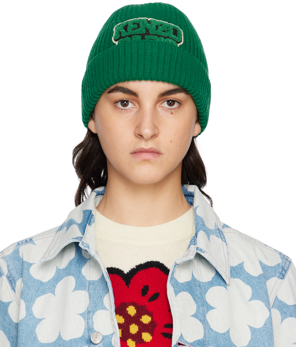 Kenzo Green College Patch Beanie In 57 - Grass Green