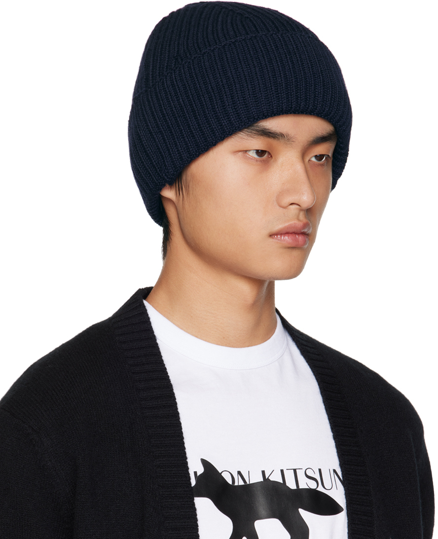 Maison Kitsuné Tricolour Fox-patch Ribbed-wool Beanie Hat In P480 Navy