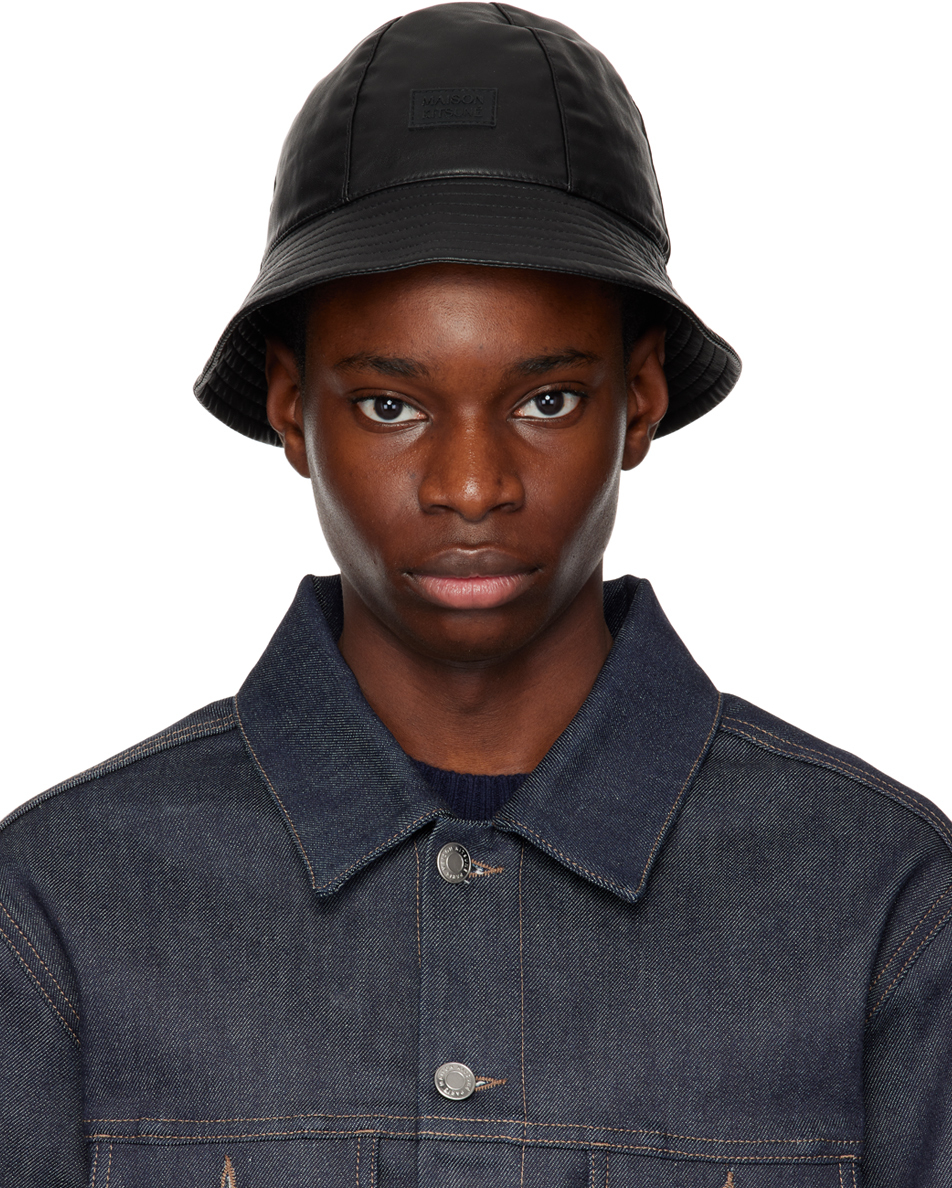 Maison Kitsuné Black Faux-leather Bucket Hat In P198 Black