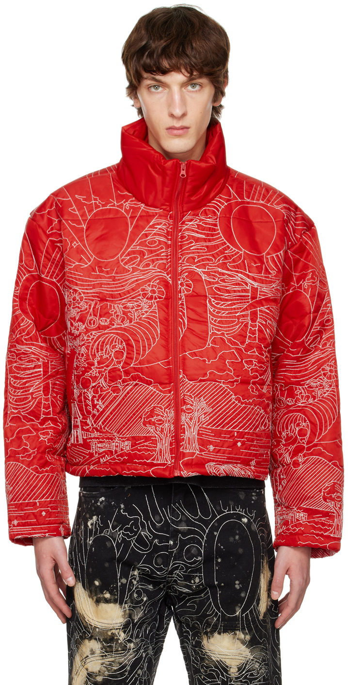 Who Decides War by MRDR BRVDO: Red Duality Puffer Jacket | SSENSE UK