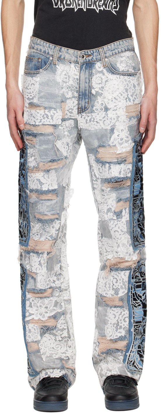 Who Decides War by MRDR BRVDO: Blue Altar Lace Fusion Jeans | SSENSE Canada