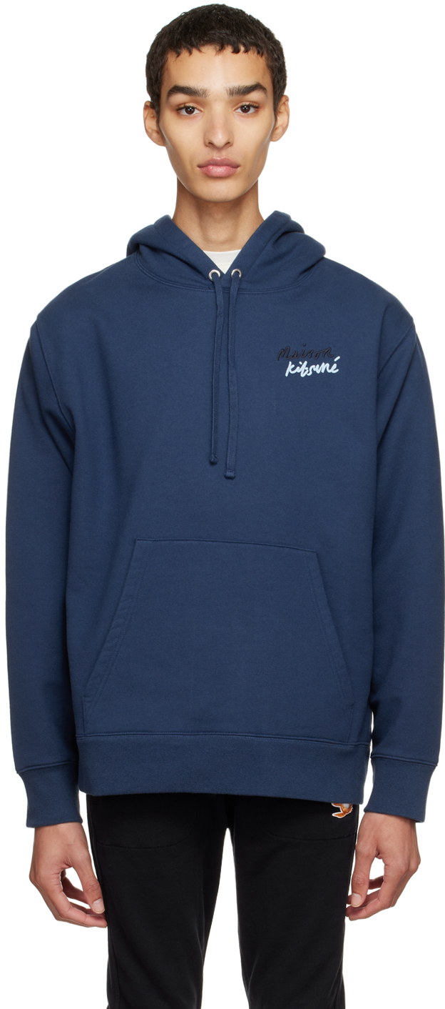 Blue Embroidered Hoodie by Maison Kitsun on Sale