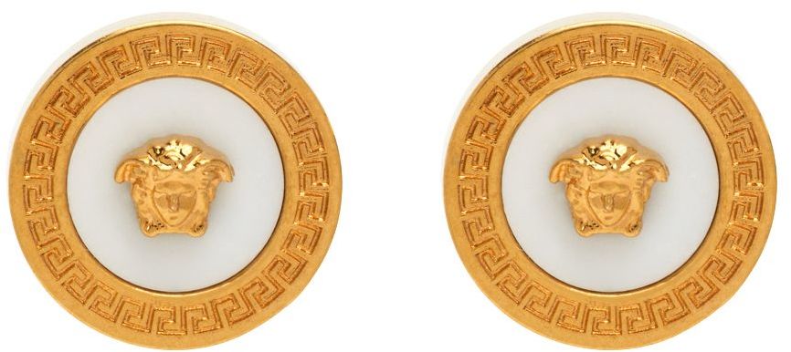 Gold & White Enameled Medusa Earrings