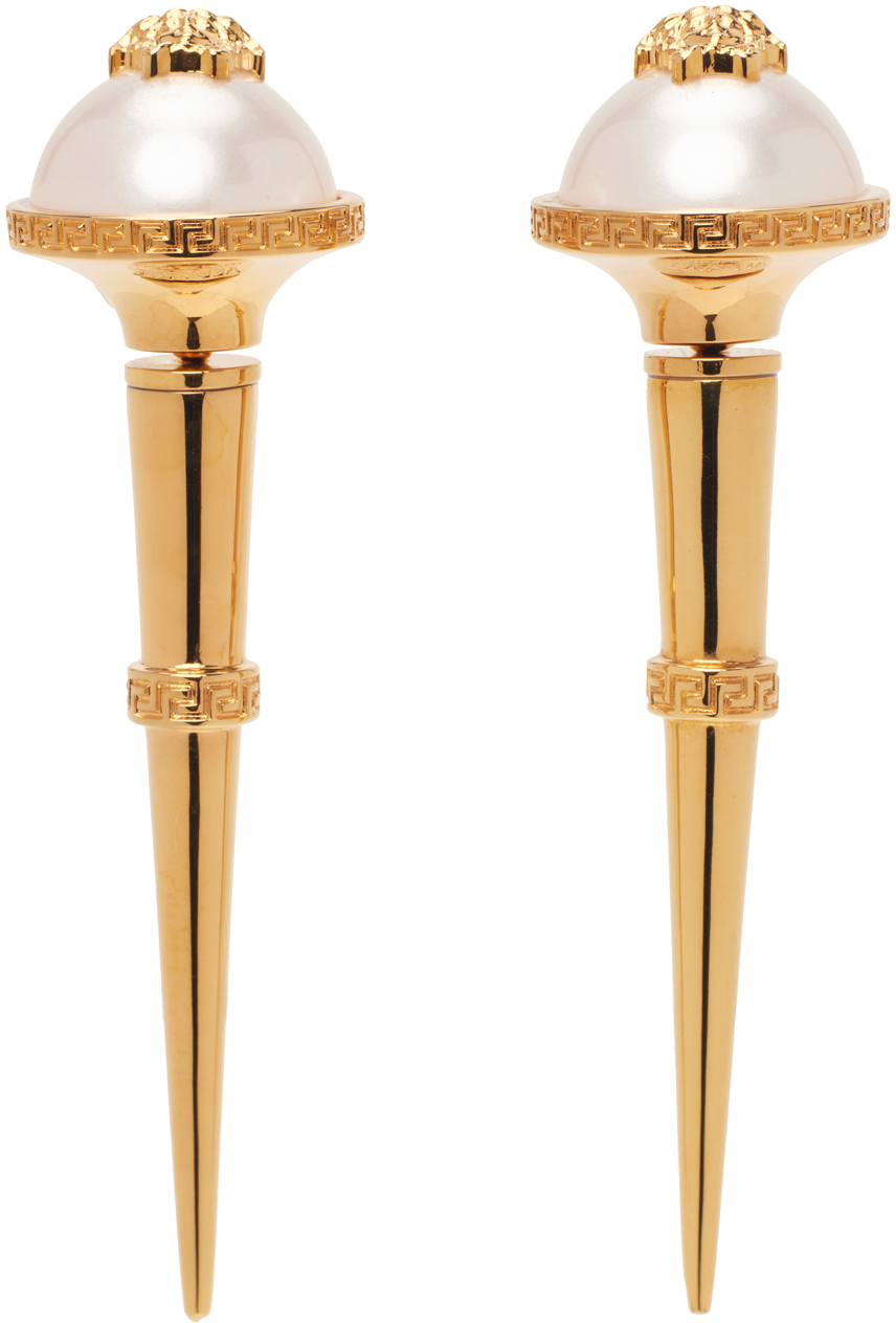 Versace Gold Medusa Pearl Spike Earrings SSENSE UK