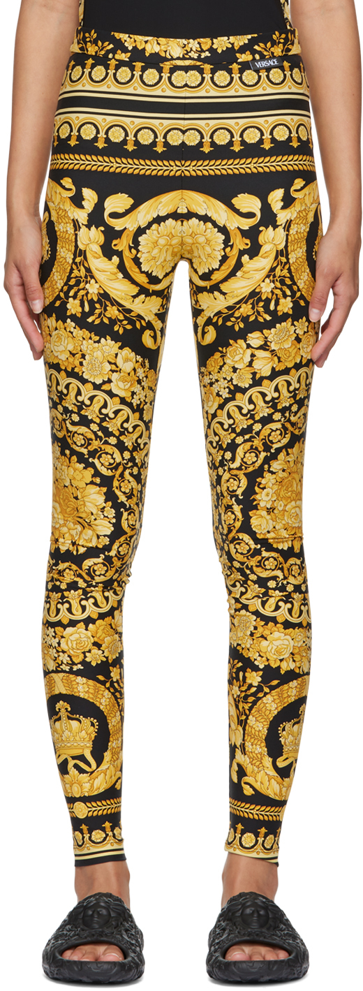 Black & Gold Barocco Leggings by Versace on Sale