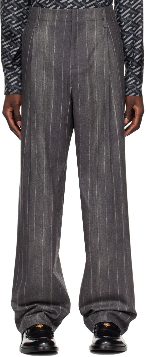 Versace Grey Pinstripe Trousers In 5b040 Nero+bianco