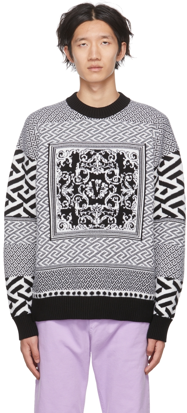 Black & White La Greca Sweater by Versace on Sale