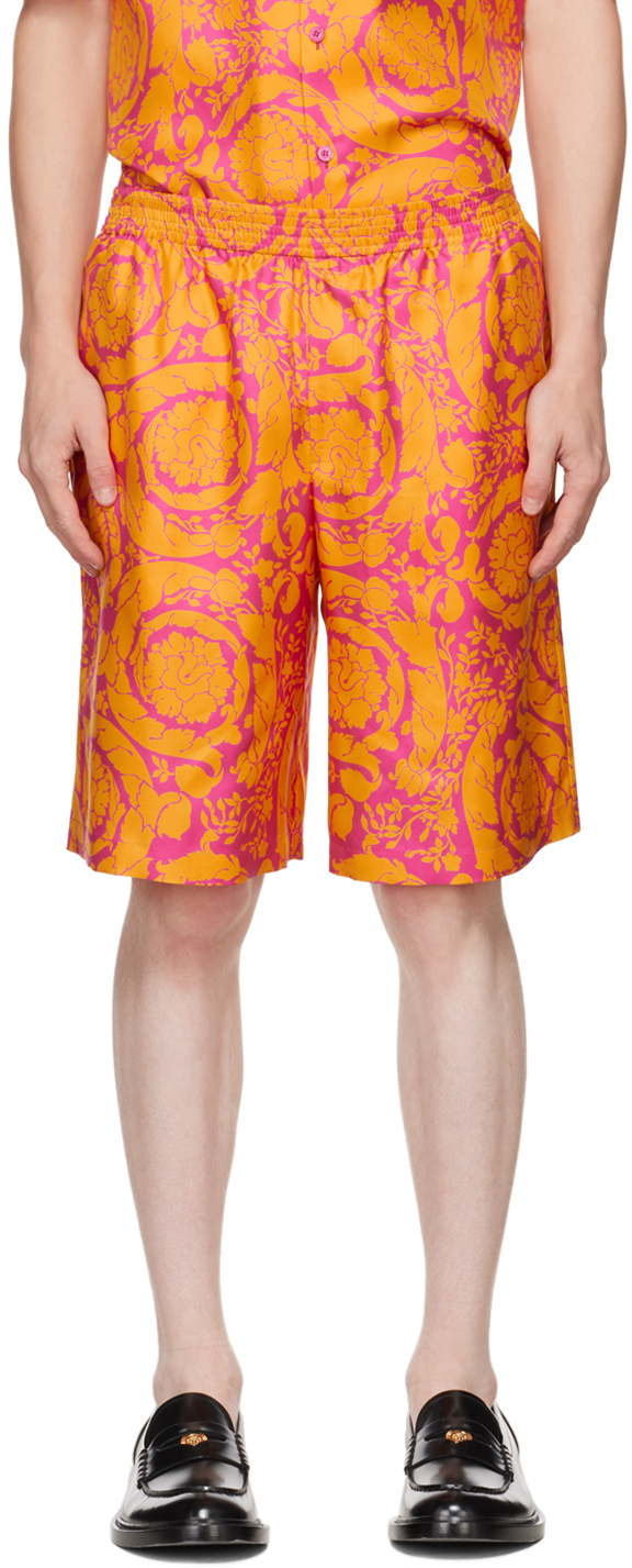 Versace Barocco Silhouette-print Silk Shorts In 5r310 Magenta+tanger