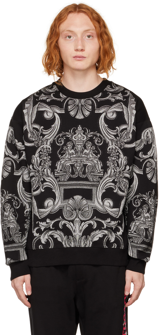 Versace Barocco Cotton Blend Crewneck Sweatshirt In 2b900 Nero+silver