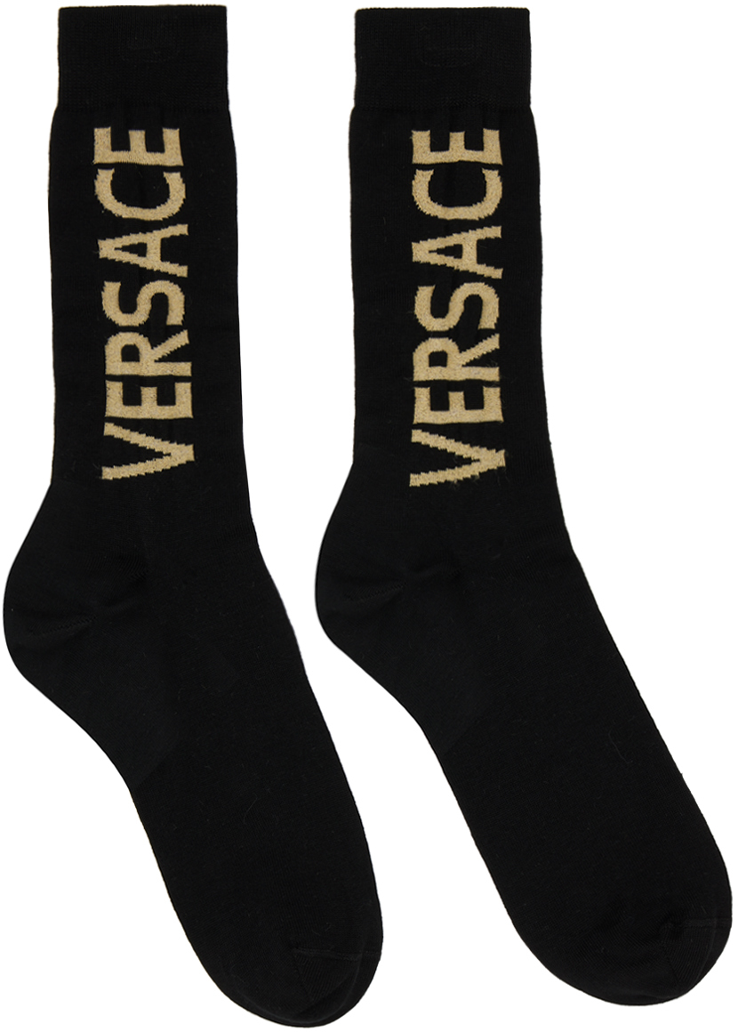 Versace Black Cotton Socks In Black,gold