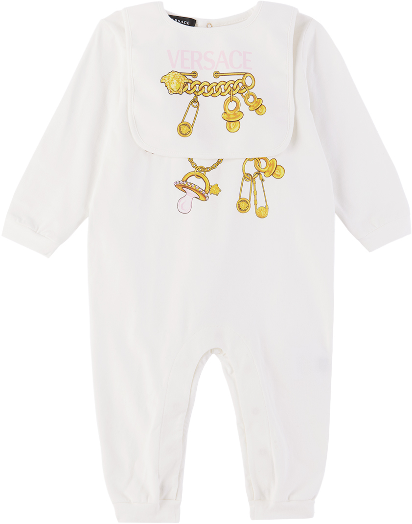 Versace Baby White Donatella Chain Jumpsuit & Bib In 2w110
