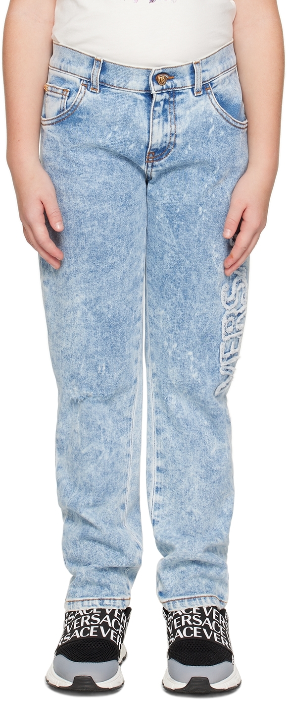 Shop Versace Kids Blue Distressed Jeans In 1d030 Blue