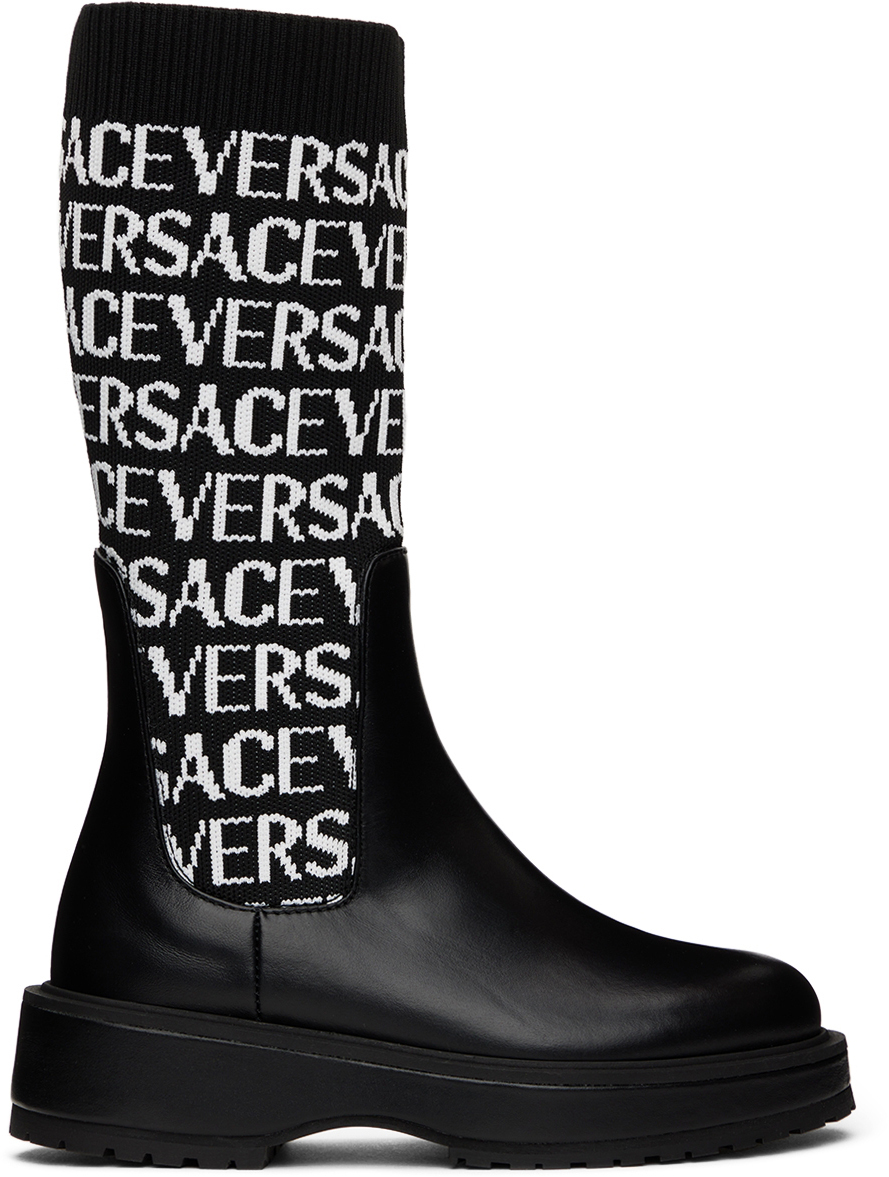 Versace Little Girl's & Girl's Logo Jacquard Knit Sock Boots In Black White