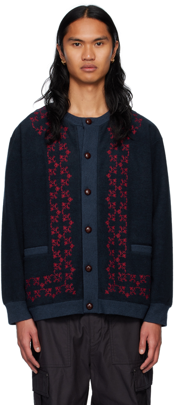 White Mountaineering Navy Embroidery Cardigan | ModeSens