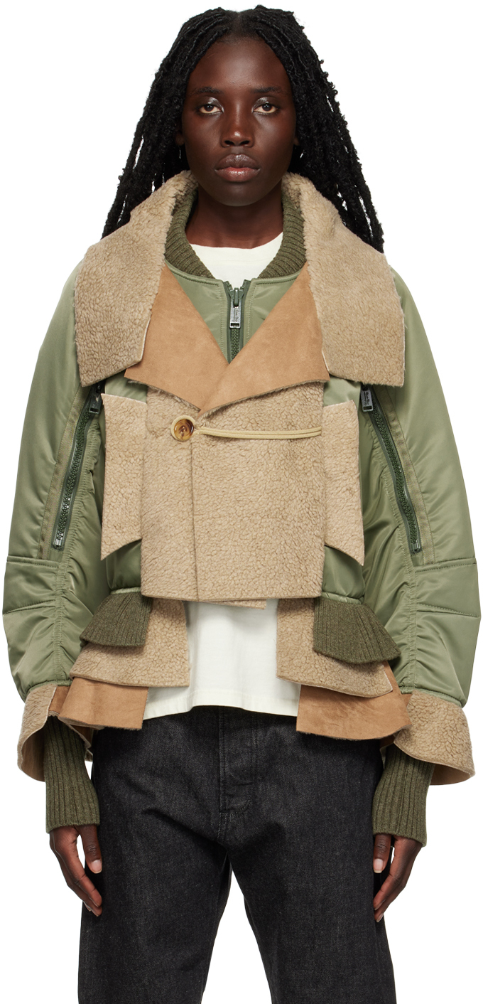 Khaki Paneled Faux-Shearling Bomber Jacket by Undercover on Sale