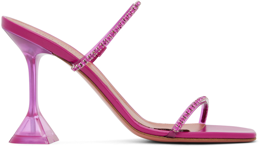 Shop Amina Muaddi Pink Gilda Glass Heeled Sandals In Magenta