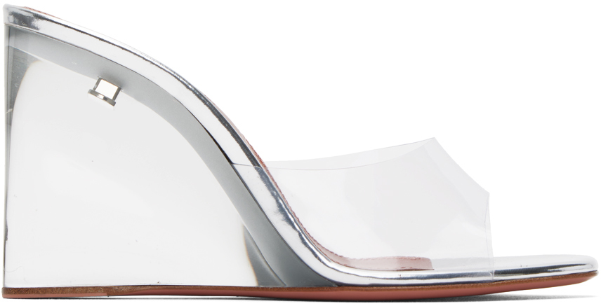 Shop Amina Muaddi Transparent Lupita Glass Wedge Heeled Sandals