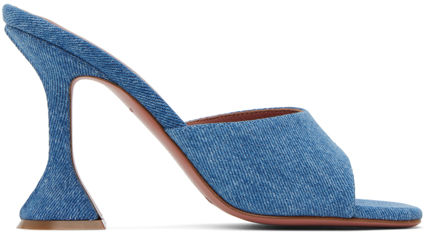 Blue Lupita Denim Heeled Sandals by Amina Muaddi on Sale