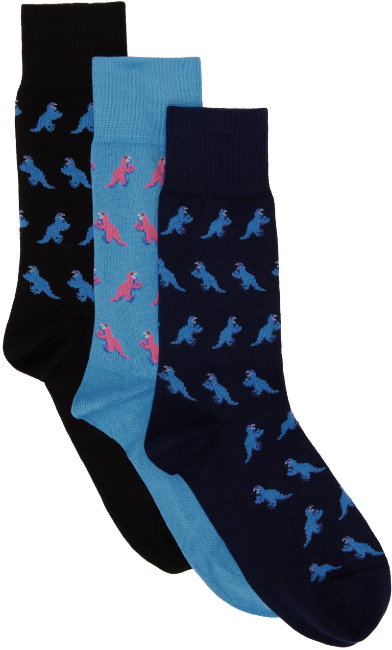 PS by Paul Smith Three-Pack Black & Blue Dino Socks