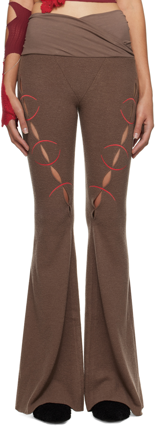 Brown Embroidery Cut Out Trousers