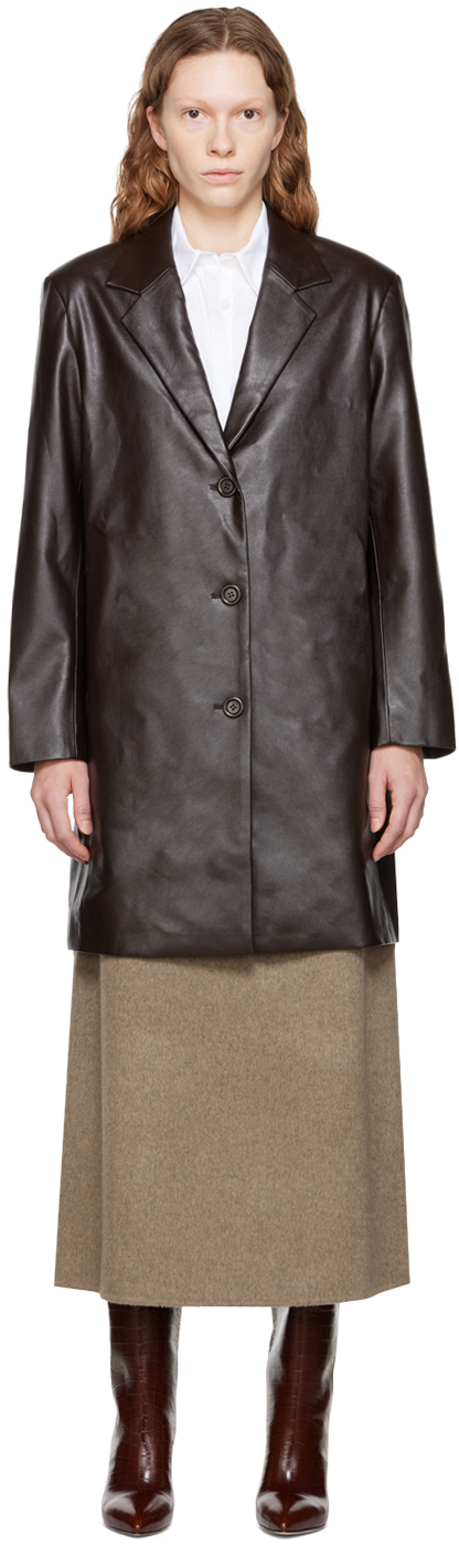 AMOMENTO Brown Long Faux-Leather Jacket