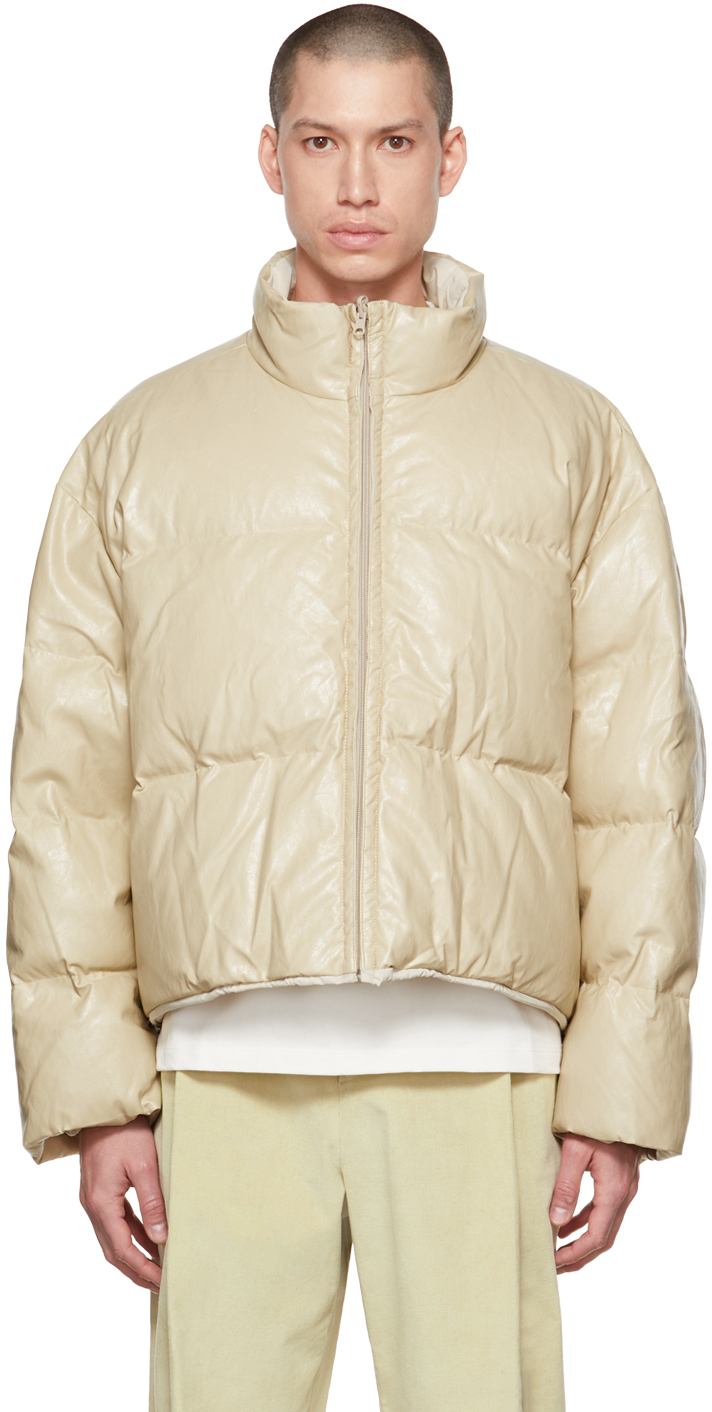 Beige Grained Faux-Leather Down Jacket