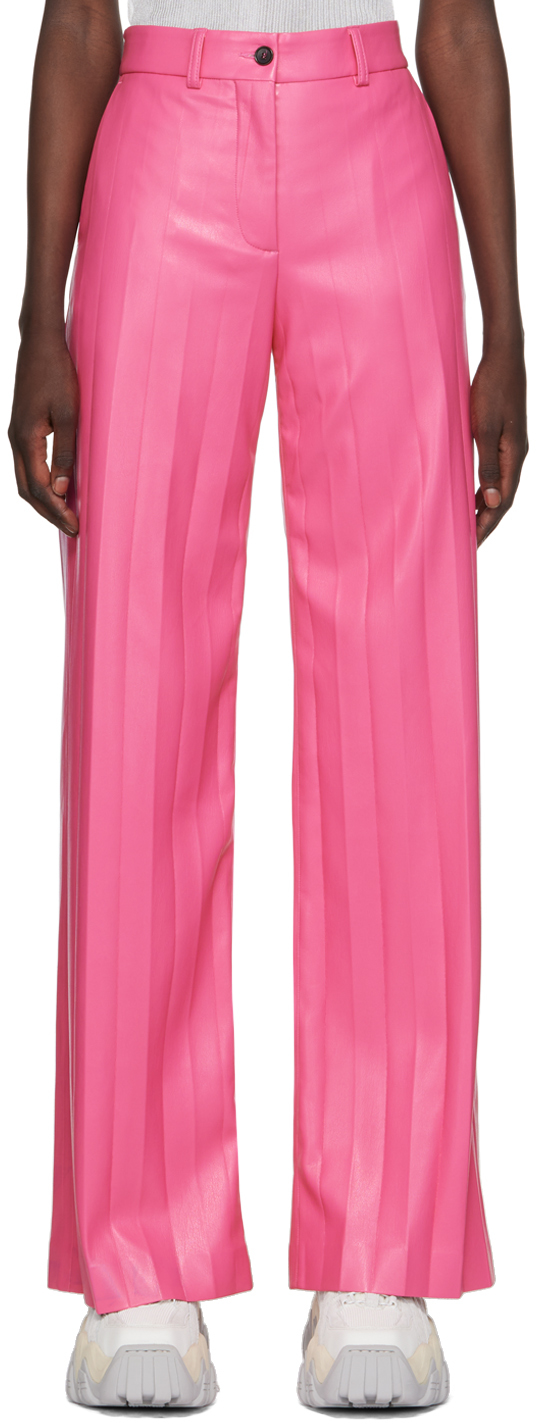 Pink Pleated Faux-Leather Pants