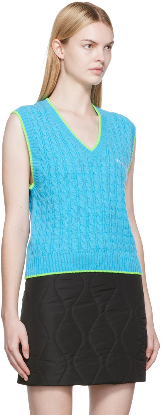 Msgm Embroidered-logo Knit Vest In 84 Turquoise