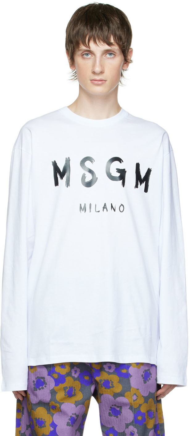 MSGM White Printed Long Sleeve T-Shirt