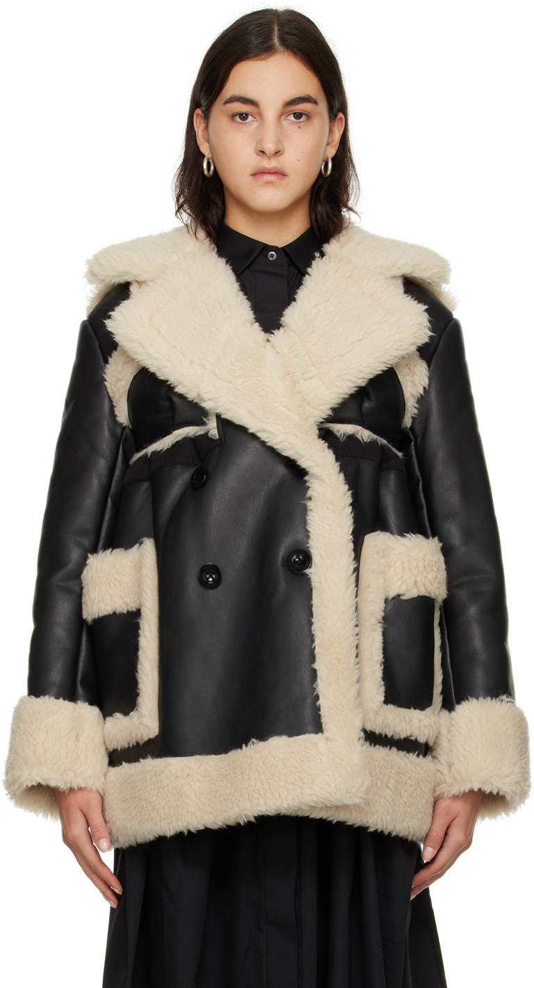 Furniq Wool Womens Hooded Shearling Jacket in Black White Womens Clothing Jackets Fur jackets Black 