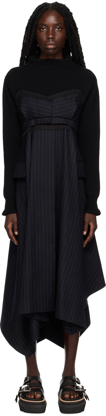 Sacai: Black & Navy Chalk Stripe Midi Dress 