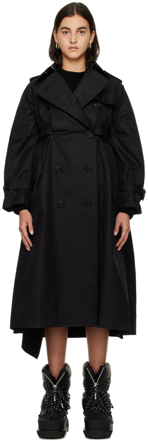 sacai Black Double-Breasted Trench Coat