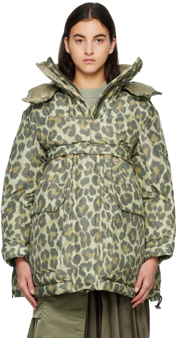 sacai Khaki Leopard Print Padded Jacket