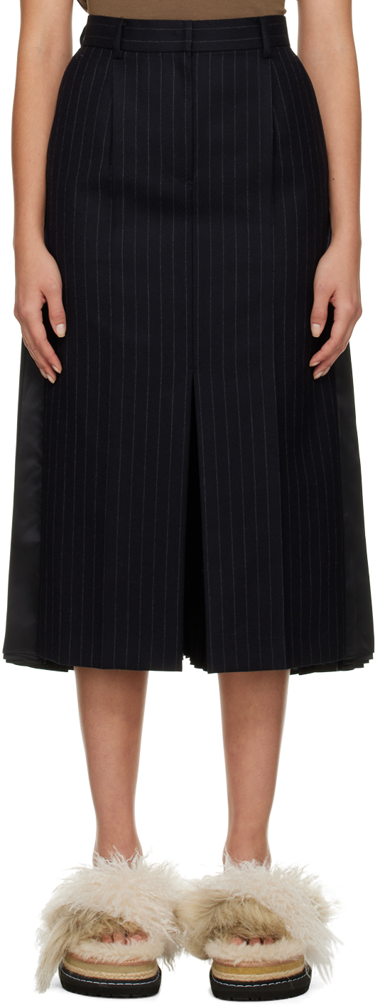 Navy Chalk Stripe Midi Skirt