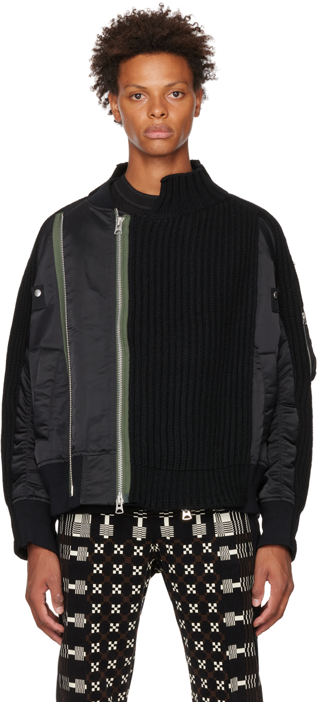 Black & Khaki Mix Knit Bomber Jacket SSENSE Men Clothing Jackets Bomber Jackets 