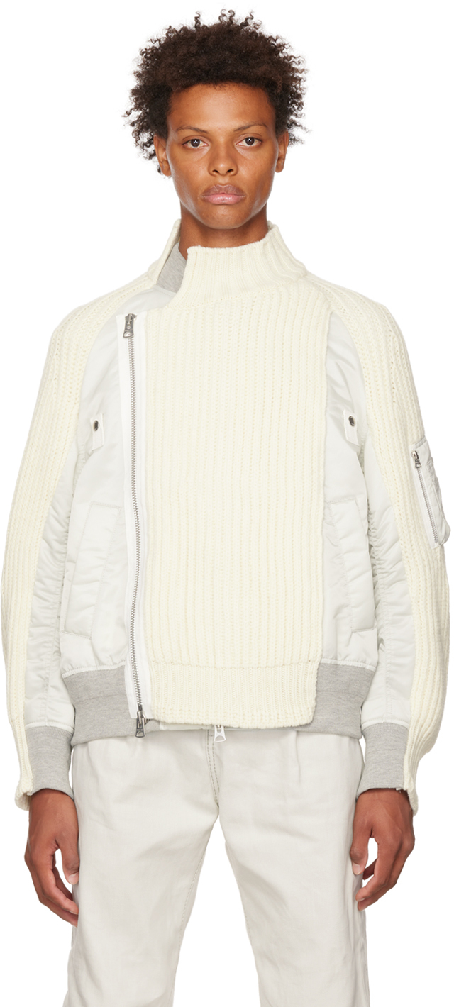 sacai Off-White & Gray Mix Knit Bomber Jacket