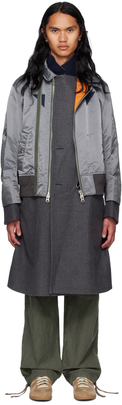 Sacai Green & Gray Mix Coat In 326 C/gray