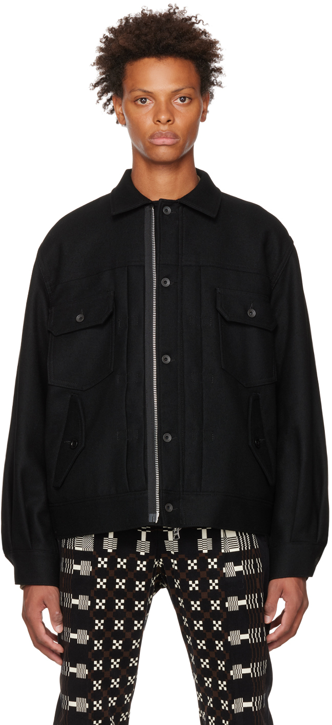 Black Pleated Jacket by sacai on Sale