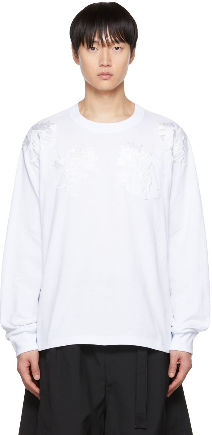 sacai: White Embroidered Long Sleeve T-Shirt | SSENSE