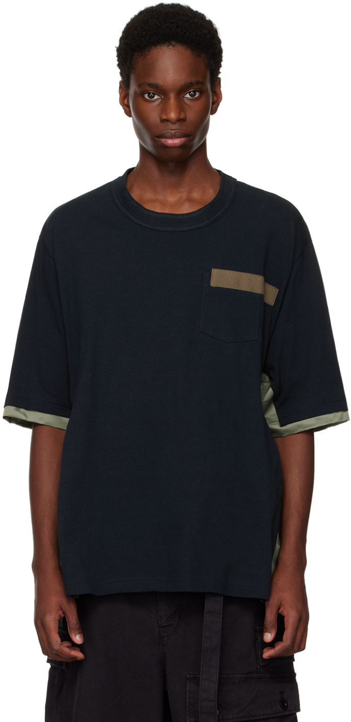 sacai: Navy Mix T-Shirt | SSENSE UK