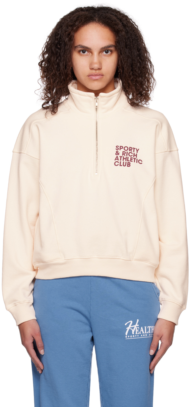 Sporty And Rich Athletic Club Half-zip Cotton-jersey Sweatshirt In Cream & Merlot
