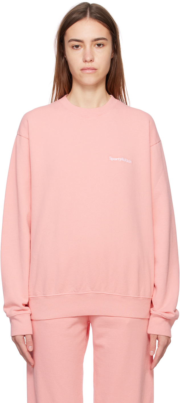 Sporty And Rich Serif Embroidered Crewneck Sweatshirt Rose Pink In Rose & White