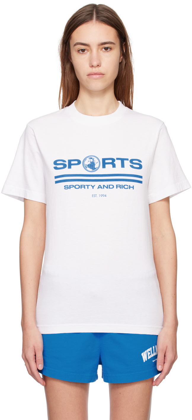 Sporty And Rich Sports Cotton T-shirt In White & Ocean