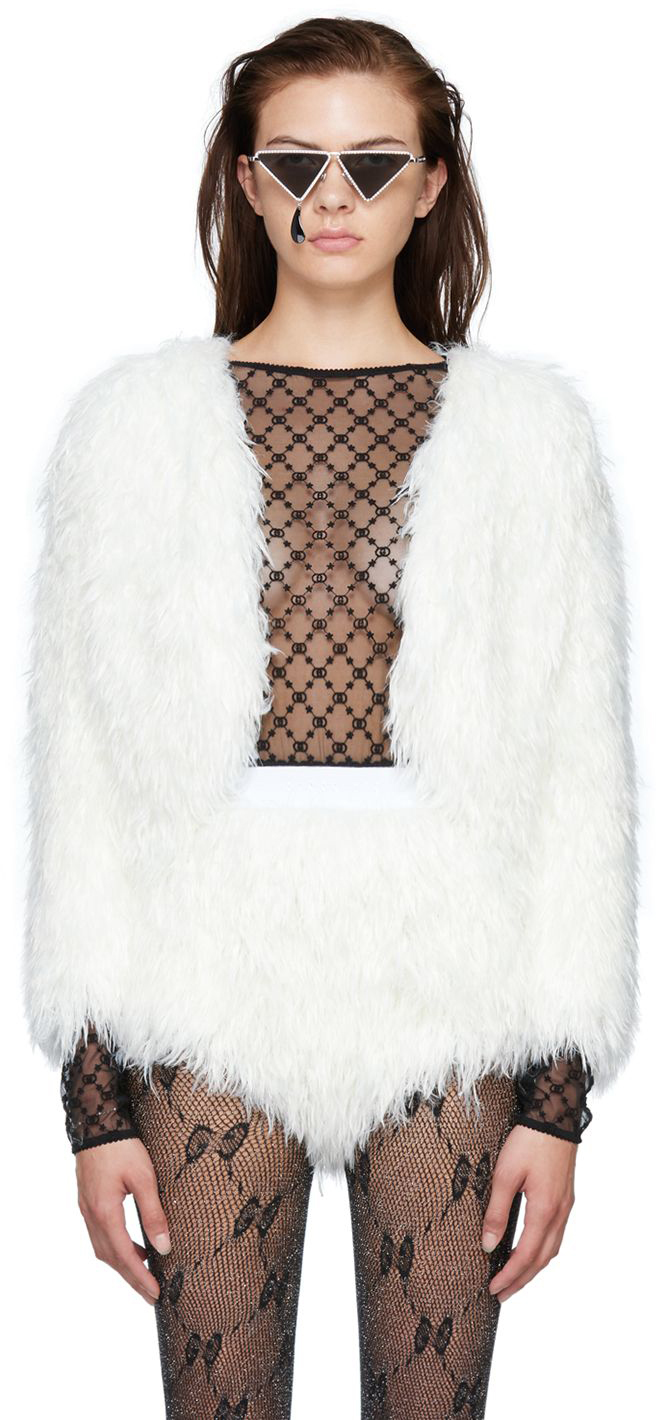 Gucci White Knit Faux-Fur Cardigan