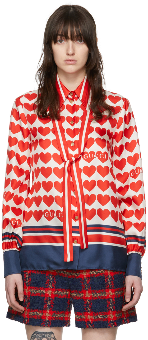 Gucci Heart-print Silk-twill Blouse In Red Multi | ModeSens