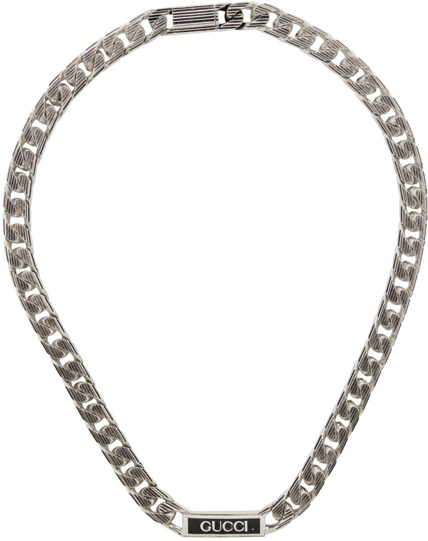 Ssense Uomo Accessori Gioielli Collane Silver & Black Logo Plaque Necklace 