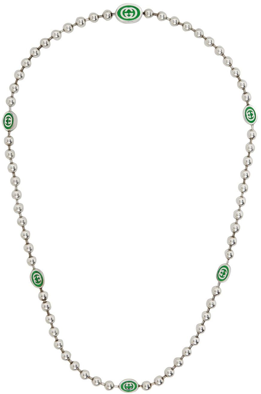 Gucci Silver & Green Interlocking G Necklace