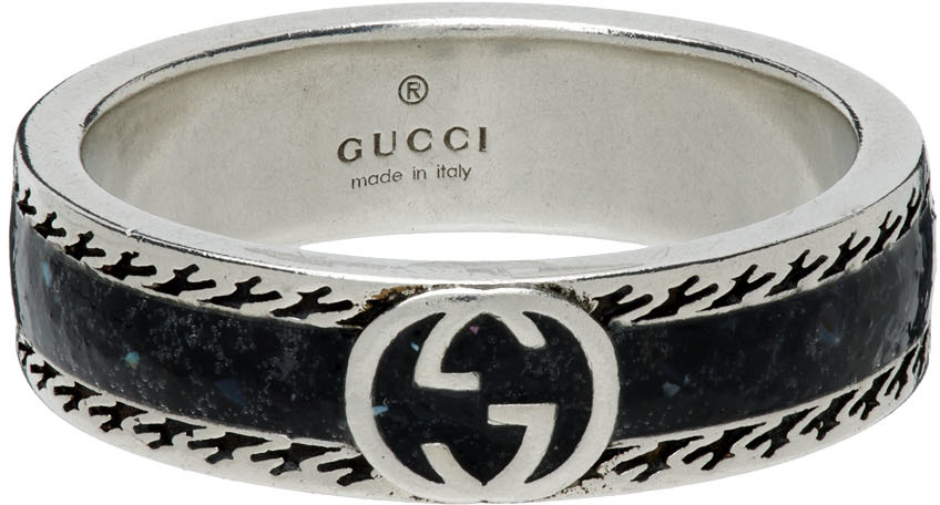 Silver & Black Small Interlocking G Ring Ssense Uomo Accessori Gioielli Anelli 