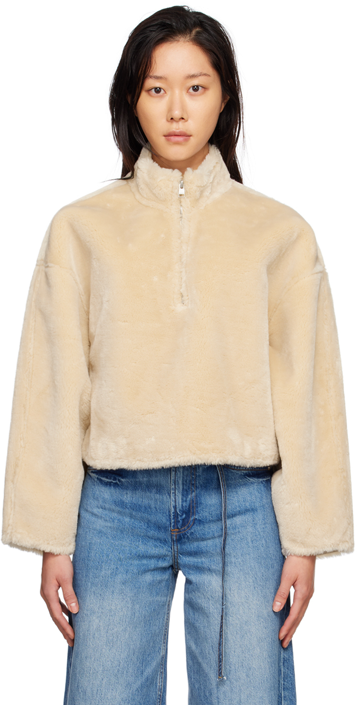 Shop Frame Beige Half-zip Faux-fur Sweater In Taupe