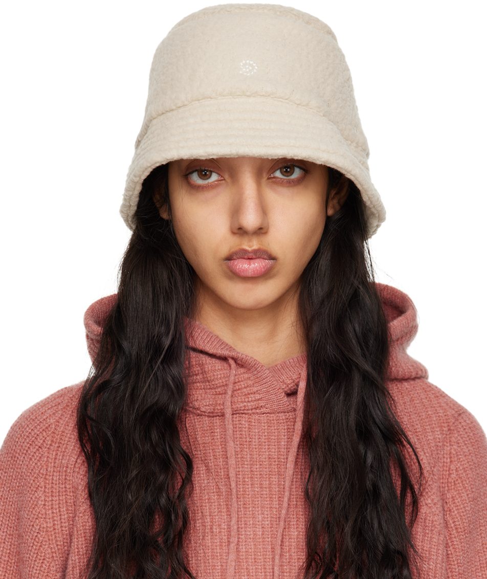 Beige Embroidered Bucket Hat by OTTI on Sale